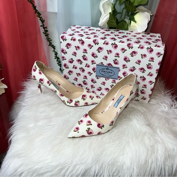 Prada Calzature Donna Vernice Rose Bianco Pointed Heels - Picture 1 of 4